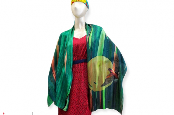 Green silk satin scarf printed with color splash